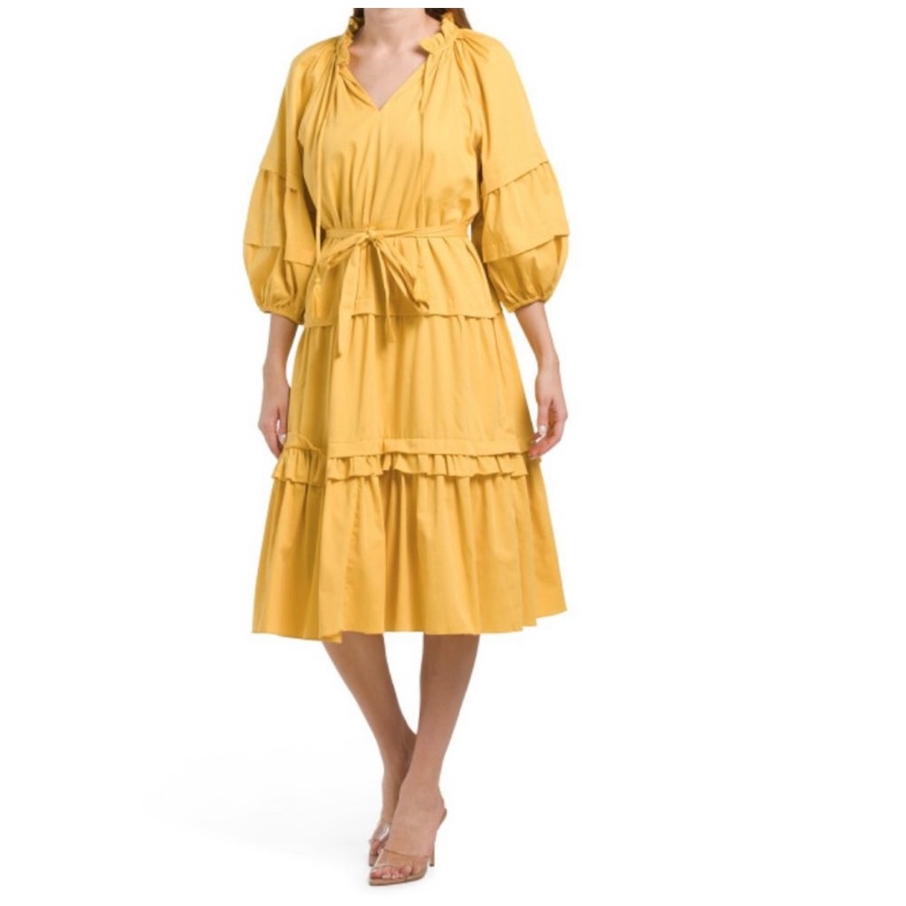 ELIE TAHARI Ruffle Neck Balloon Sleeve Sky White Tiered Midi Dress L, NWT $495